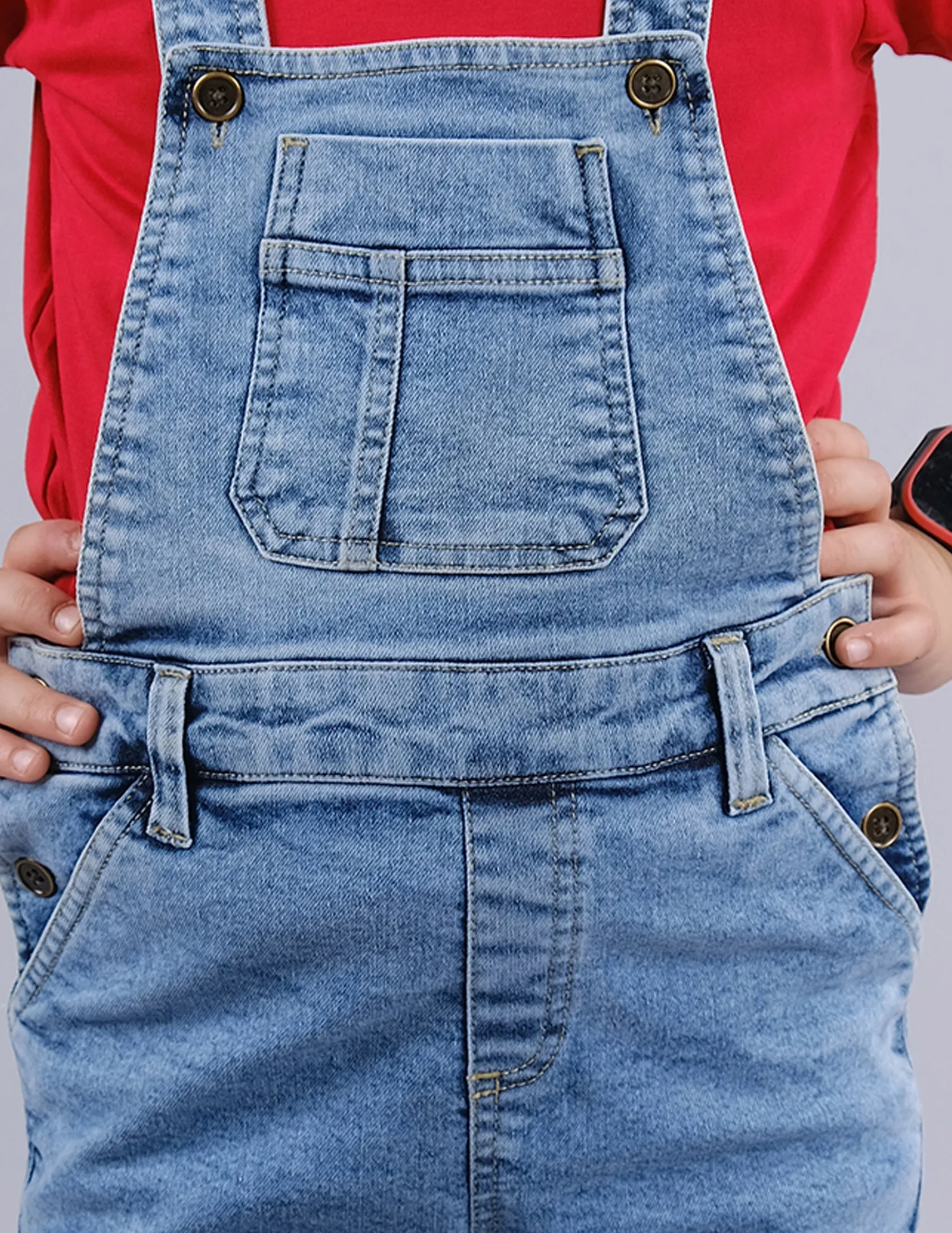 Boys Solid Tee & Denim Dungaree Shorts Set