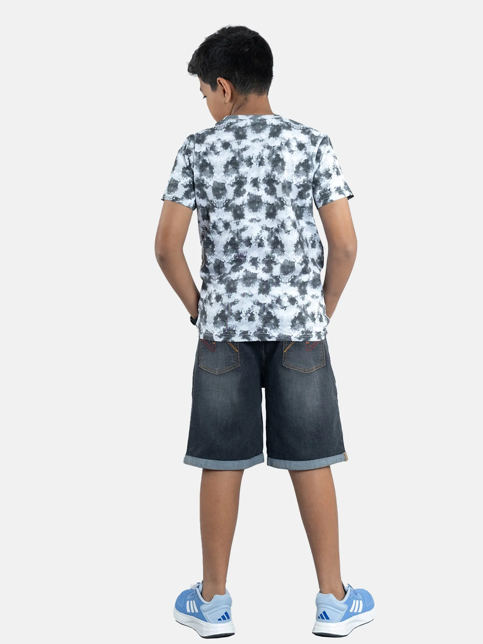 Boys Tie & Dye Printed Tee & Denim Rollup Shorts Sets