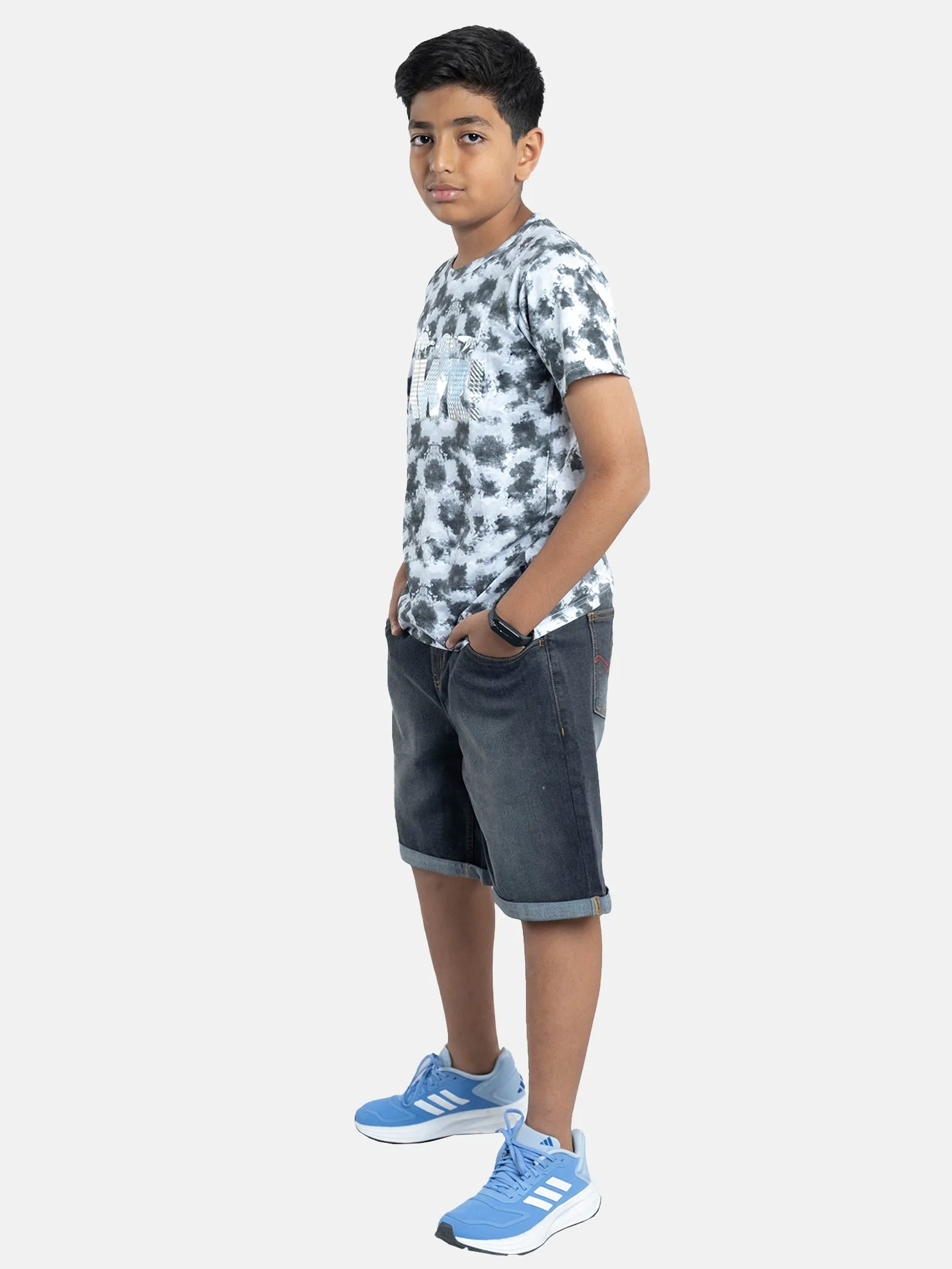 Boys Tie & Dye Printed Tee & Denim Rollup Shorts Sets