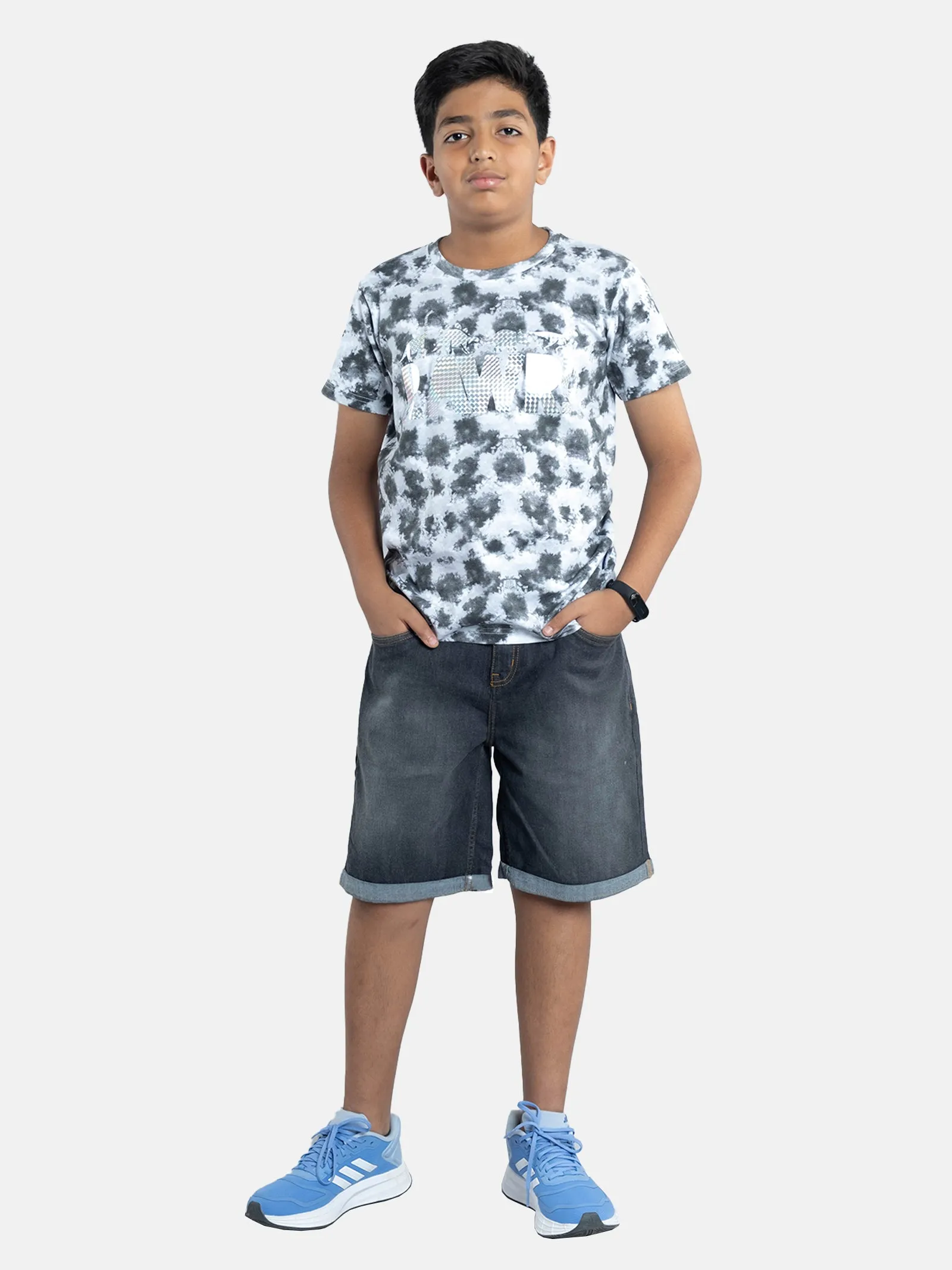 Boys Tie & Dye Printed Tee & Denim Rollup Shorts Sets