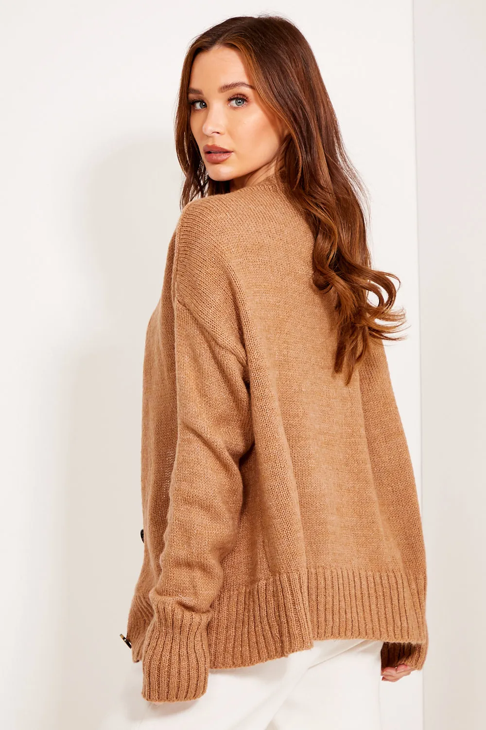 Camel Knit Ribbed Button Up Cardigan