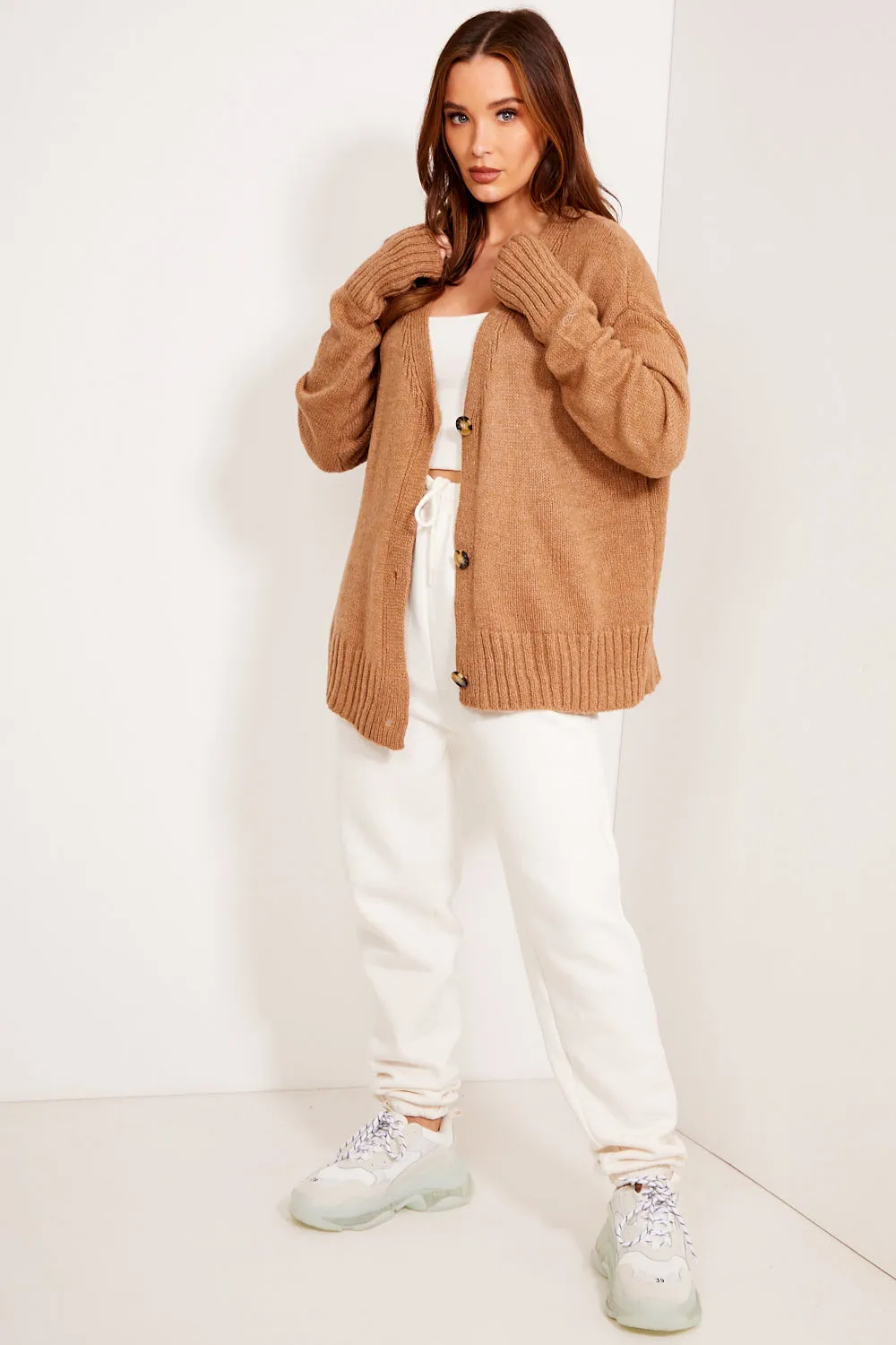 Camel Knit Ribbed Button Up Cardigan