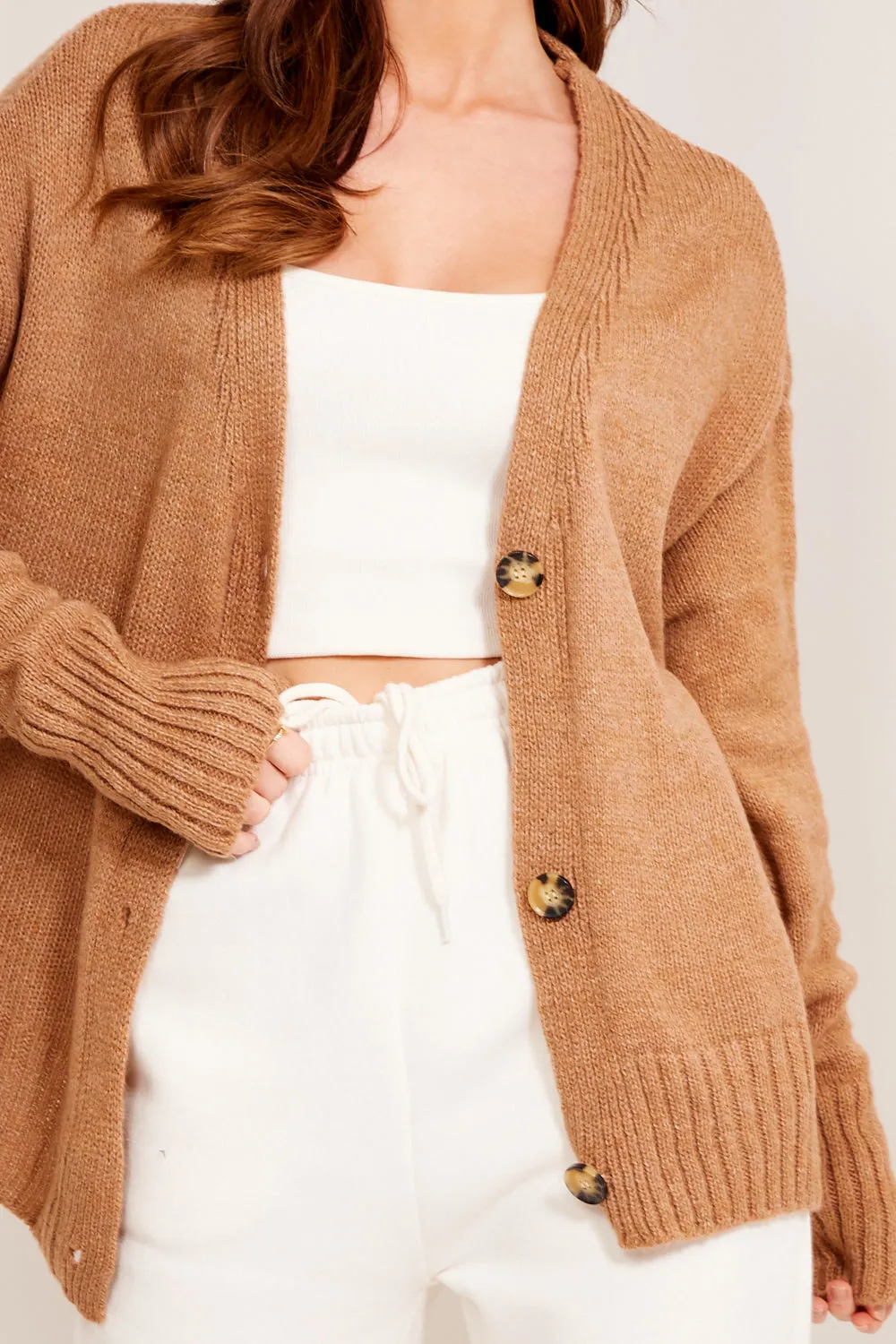 Camel Knit Ribbed Button Up Cardigan