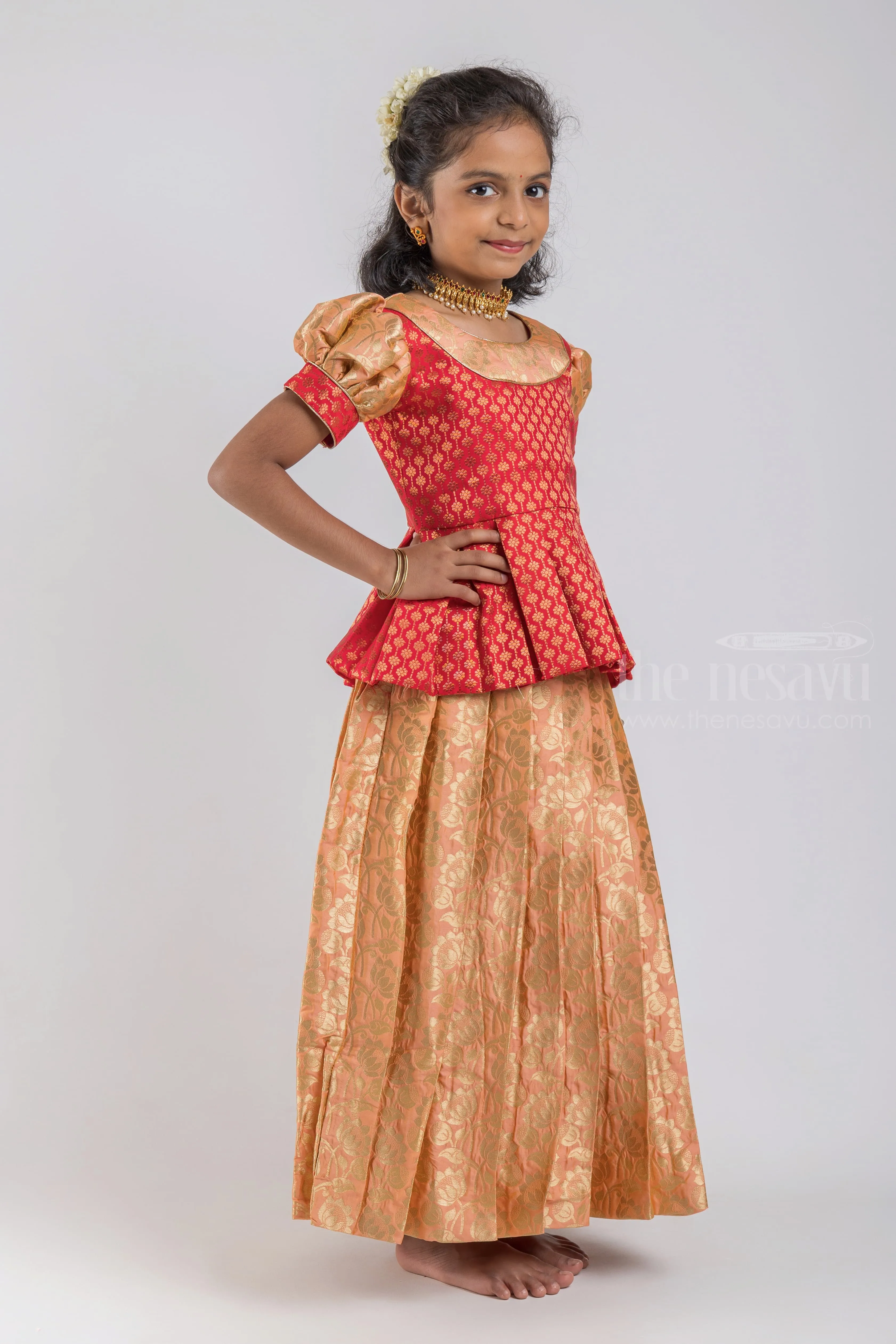 Charming Red Floral Designer Pleated Skirt And Beige Pleated Pattu Pavadai For Girls