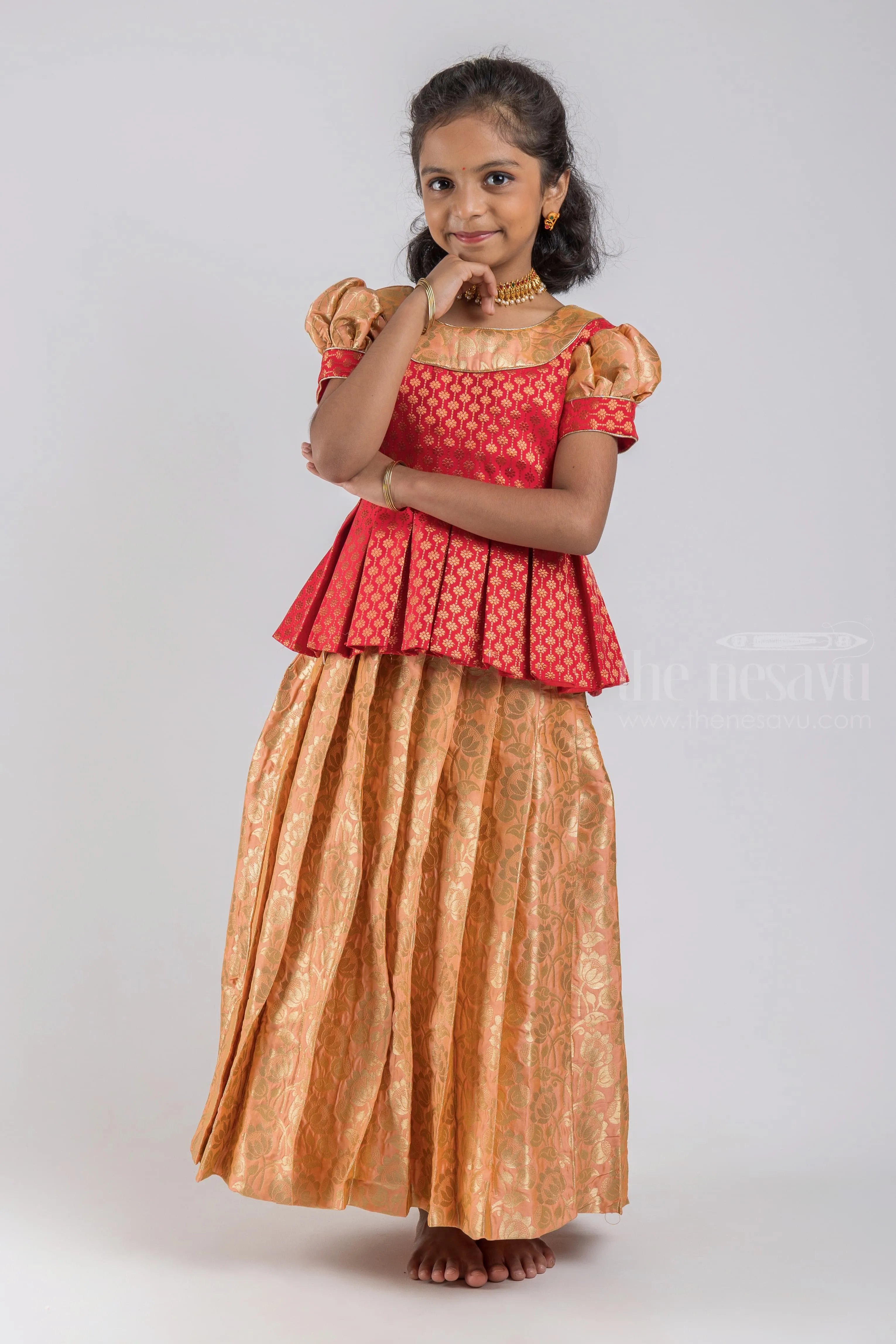 Charming Red Floral Designer Pleated Skirt And Beige Pleated Pattu Pavadai For Girls