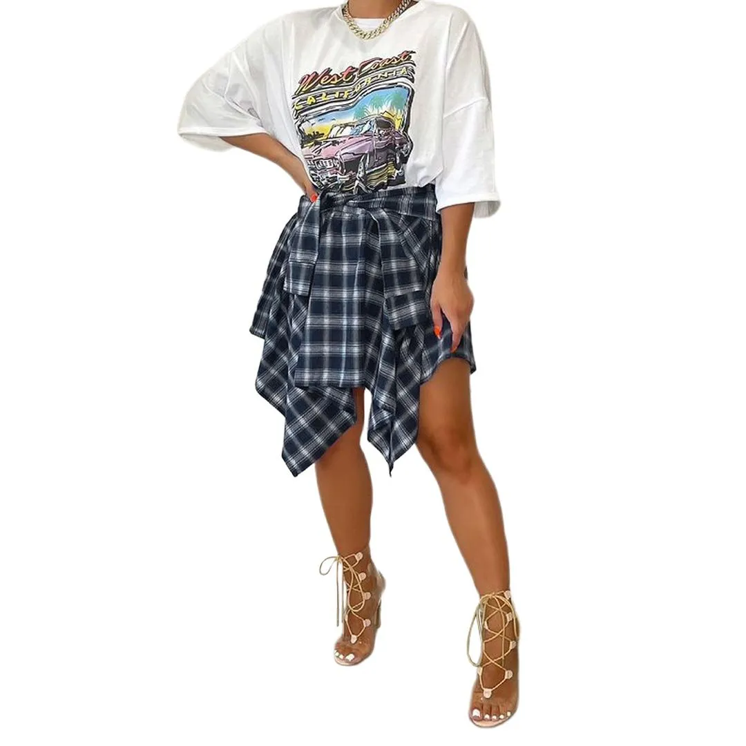 Color Block Check Swing Irregular Midi Skirt For College Outfit