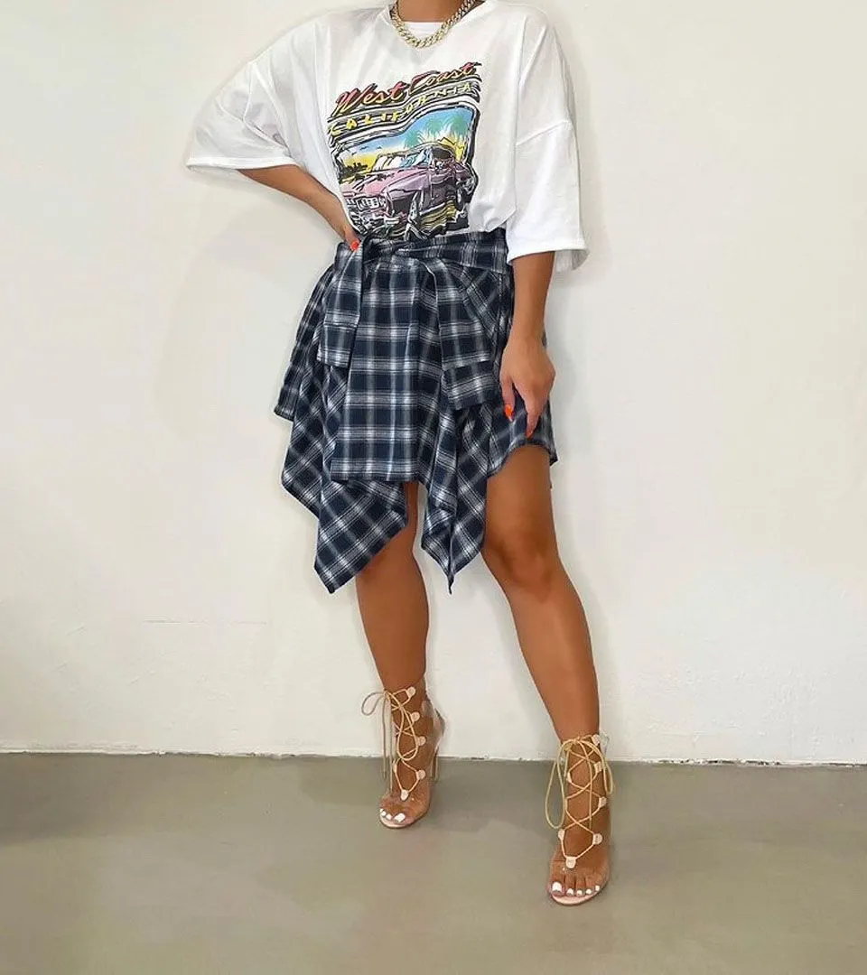 Color Block Check Swing Irregular Midi Skirt For College Outfit