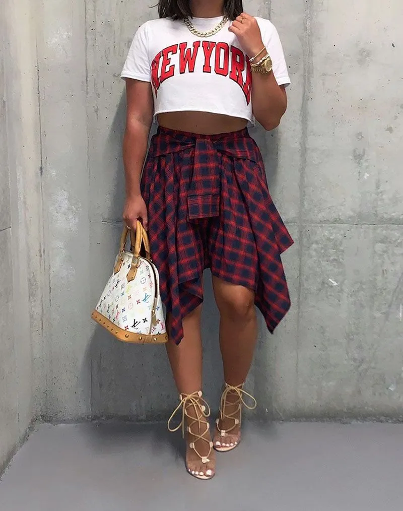 Color Block Check Swing Irregular Midi Skirt For College Outfit