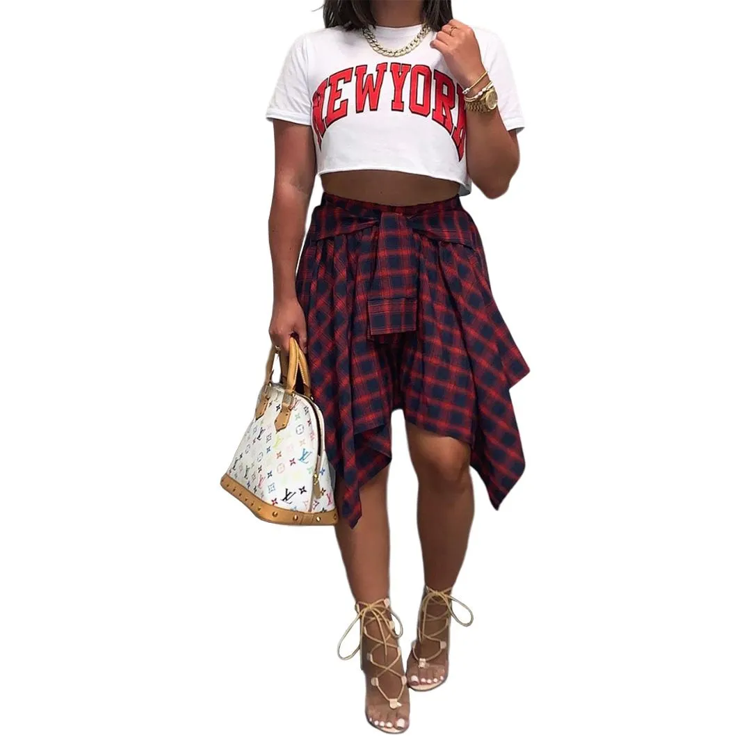 Color Block Check Swing Irregular Midi Skirt For College Outfit