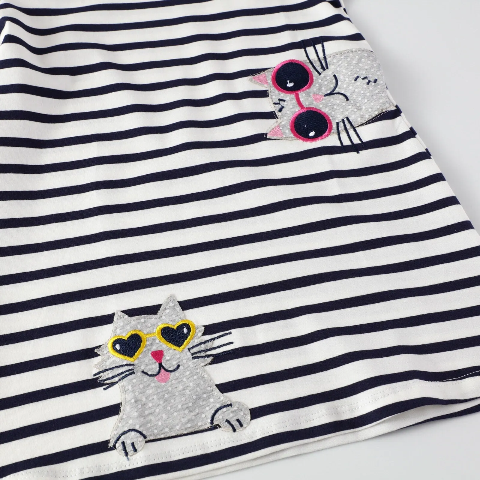 Cool Cat Pattern Short Sleeve Girls Striped Summer Dress