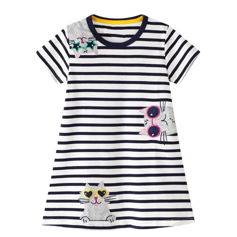 Cool Cat Pattern Short Sleeve Girls Striped Summer Dress