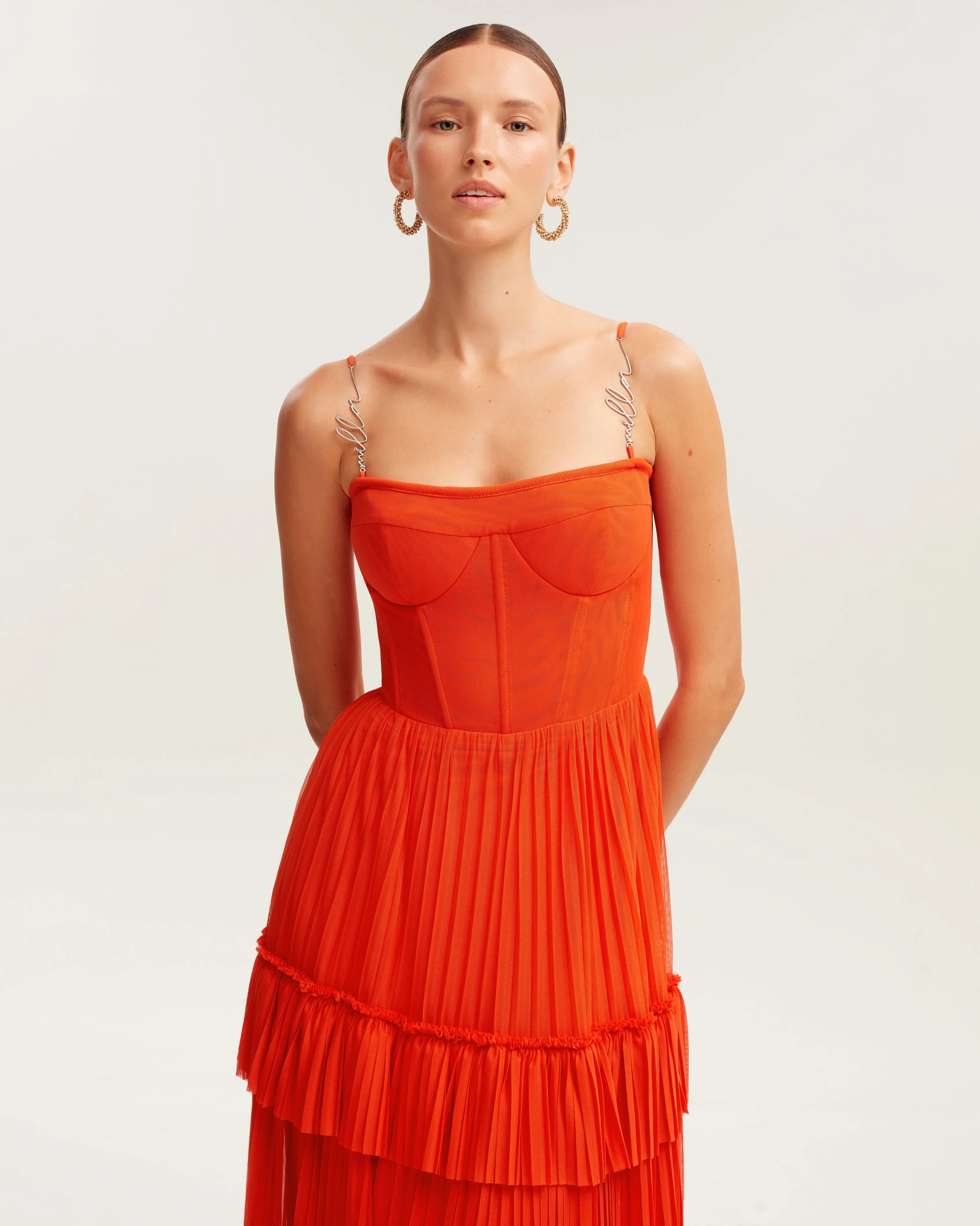 Coral spaghetti strap pleated maxi dress, Garden of Eden