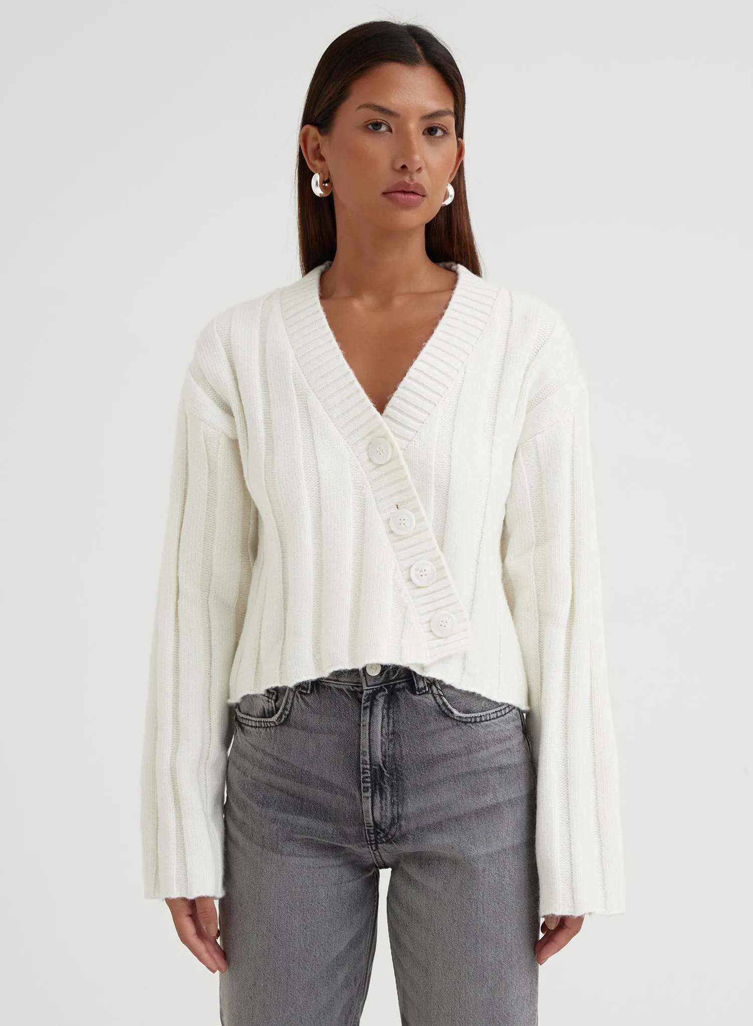 Cream Rib Knit Asymmetric Cardigan - Zora