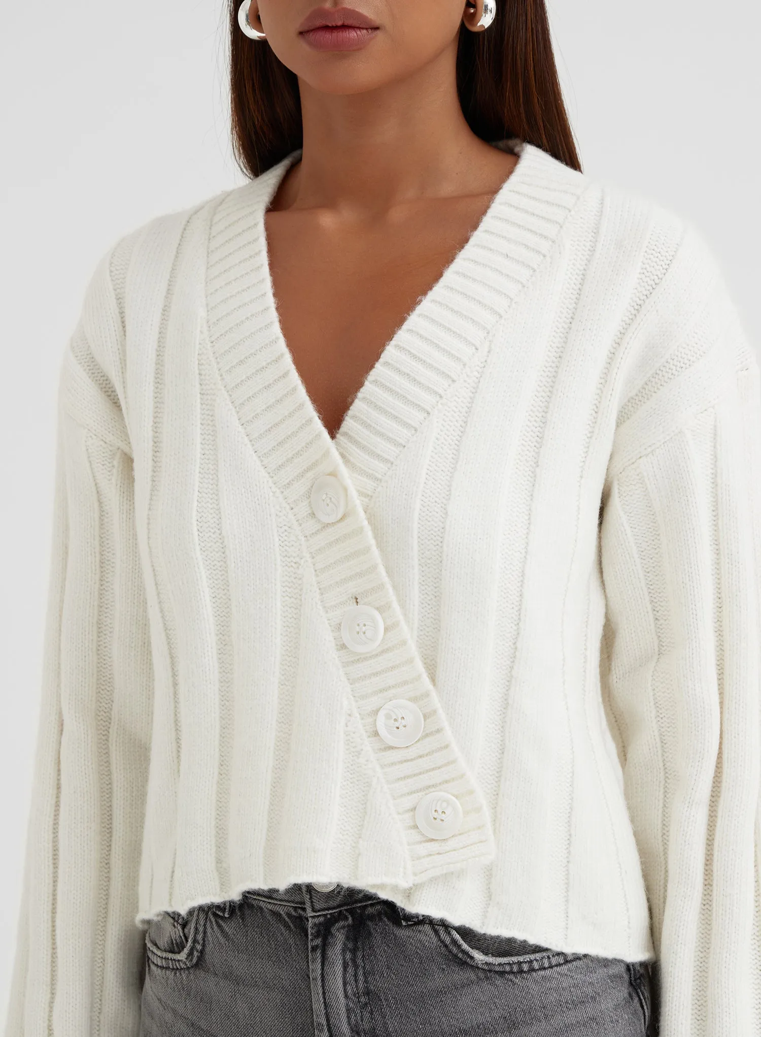 Cream Rib Knit Asymmetric Cardigan - Zora