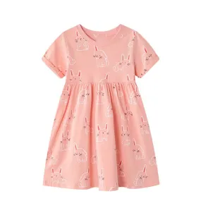 Cute Bunny Pattern Pink Short Sleeve Girls Summer Tutu Dress