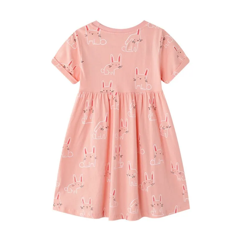 Cute Bunny Pattern Pink Short Sleeve Girls Summer Tutu Dress