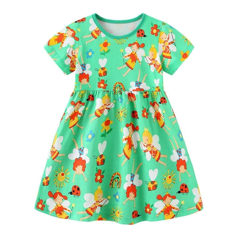 Fairies Pattern Green Short Sleeve Girls Summer Tutu Dress