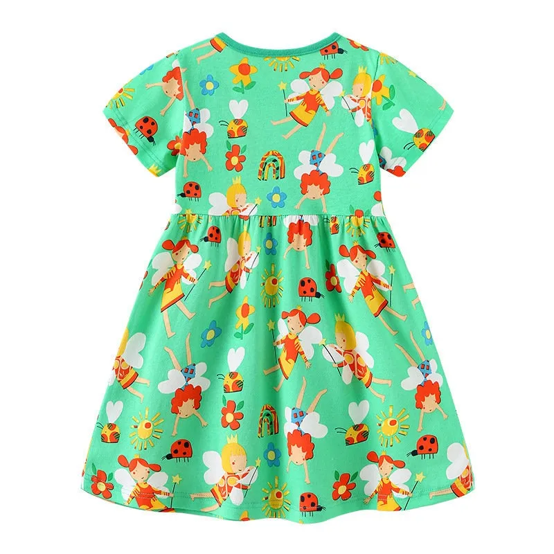 Fairies Pattern Green Short Sleeve Girls Summer Tutu Dress