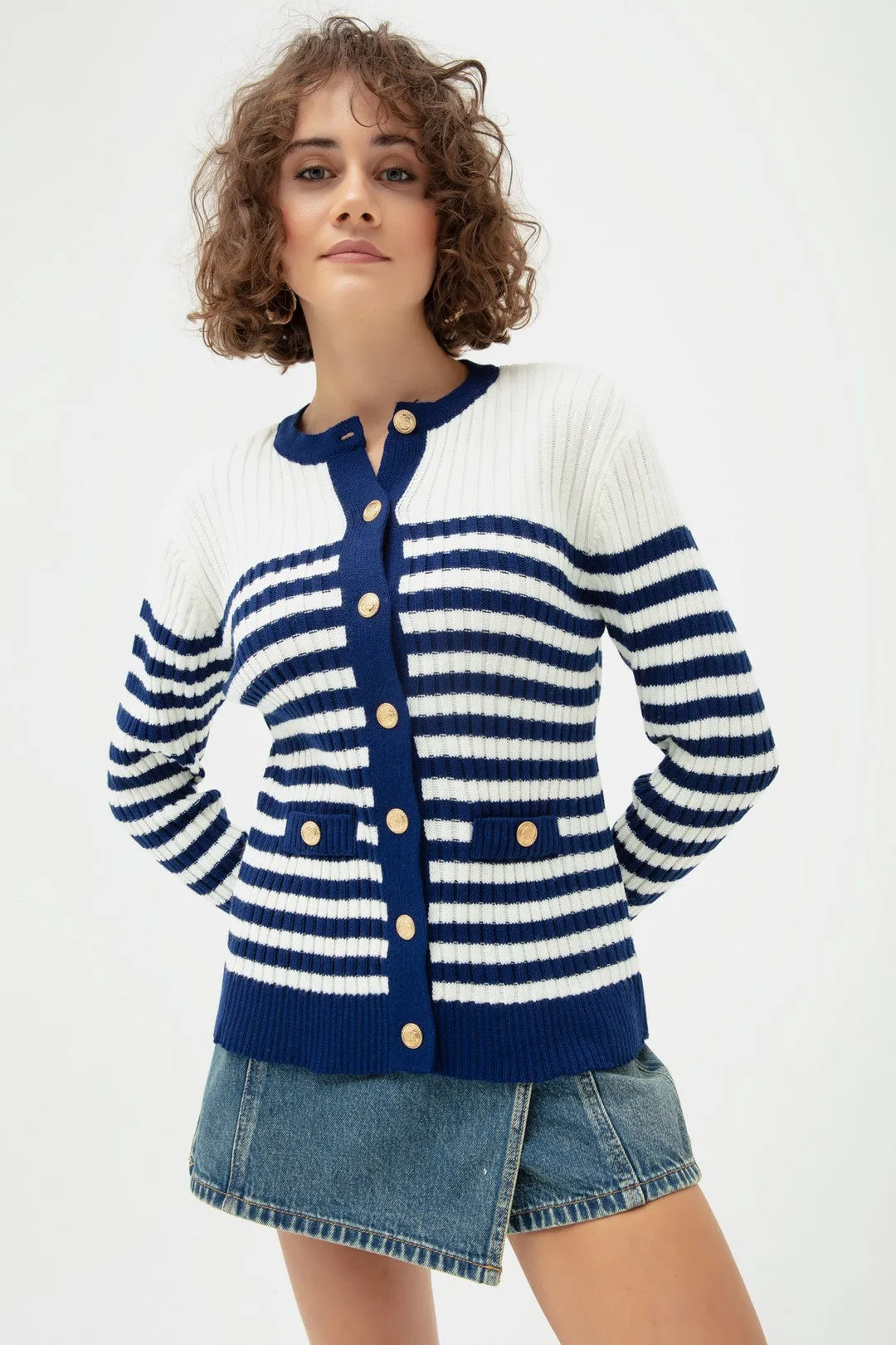 Female Gold Button Striped Knitwear Cardigan