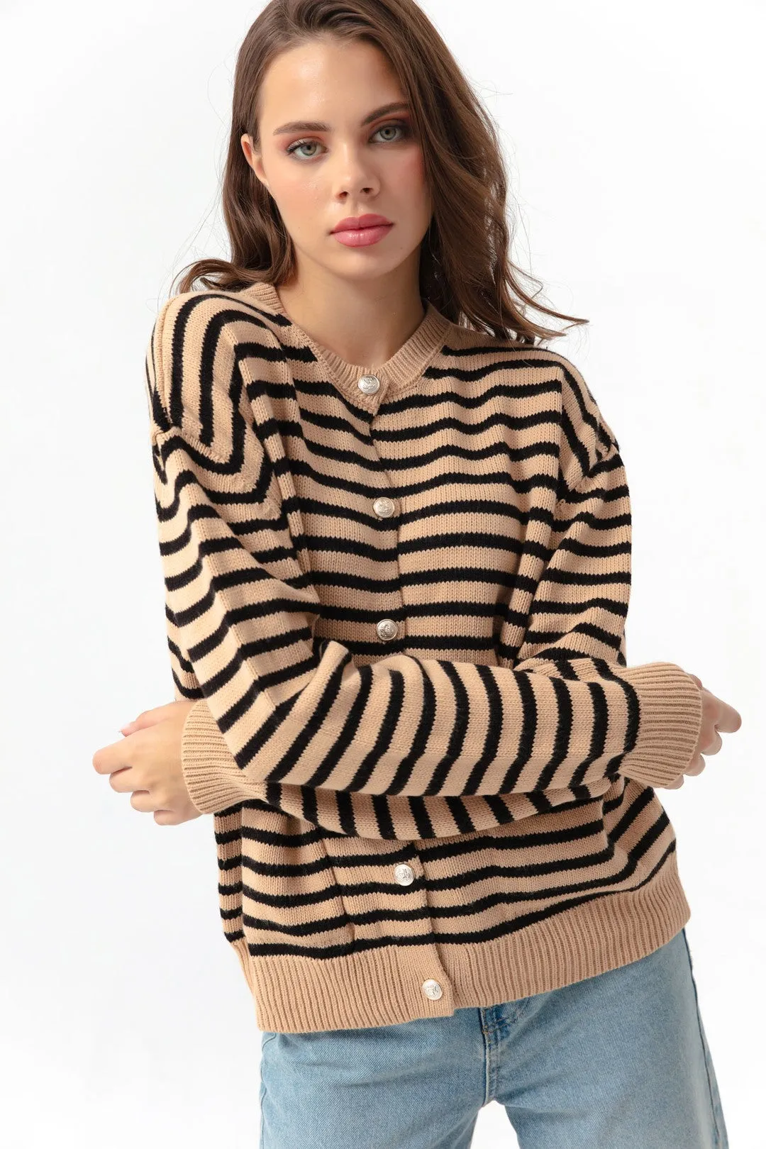 Female Gold Button Striped Knitwear Cardigan