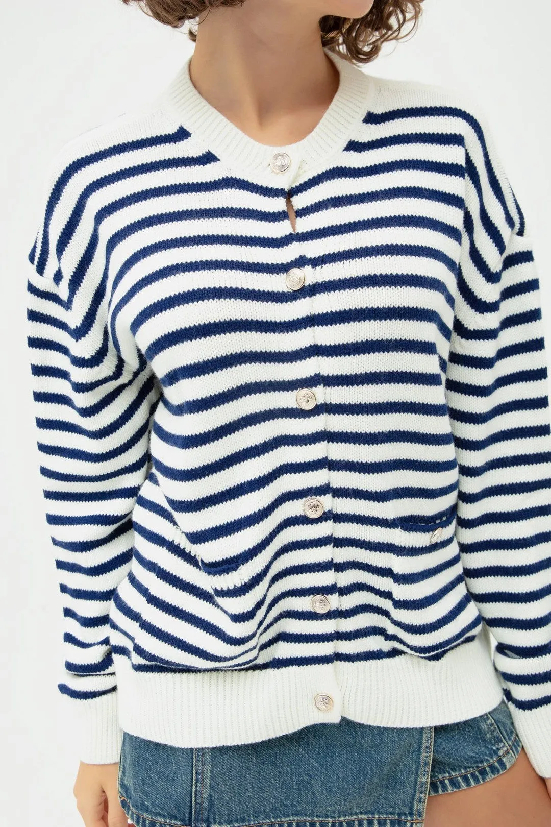 Female Gold Button Striped Knitwear Cardigan