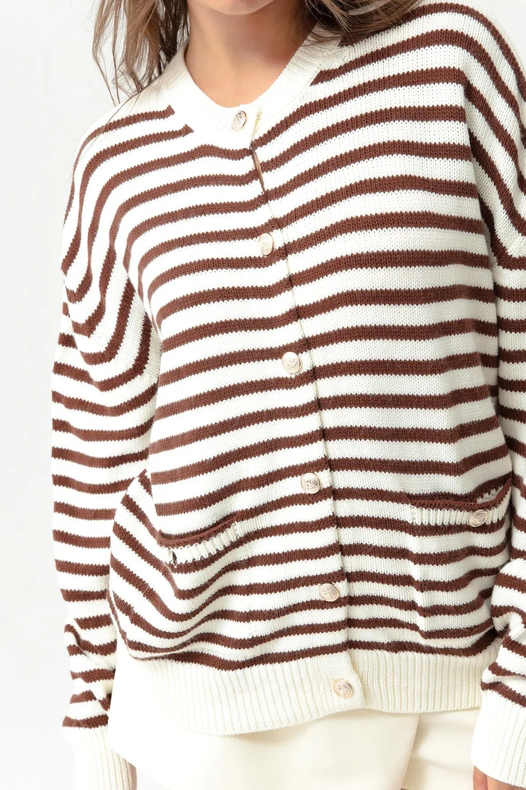 Female Gold Button Striped Knitwear Cardigan