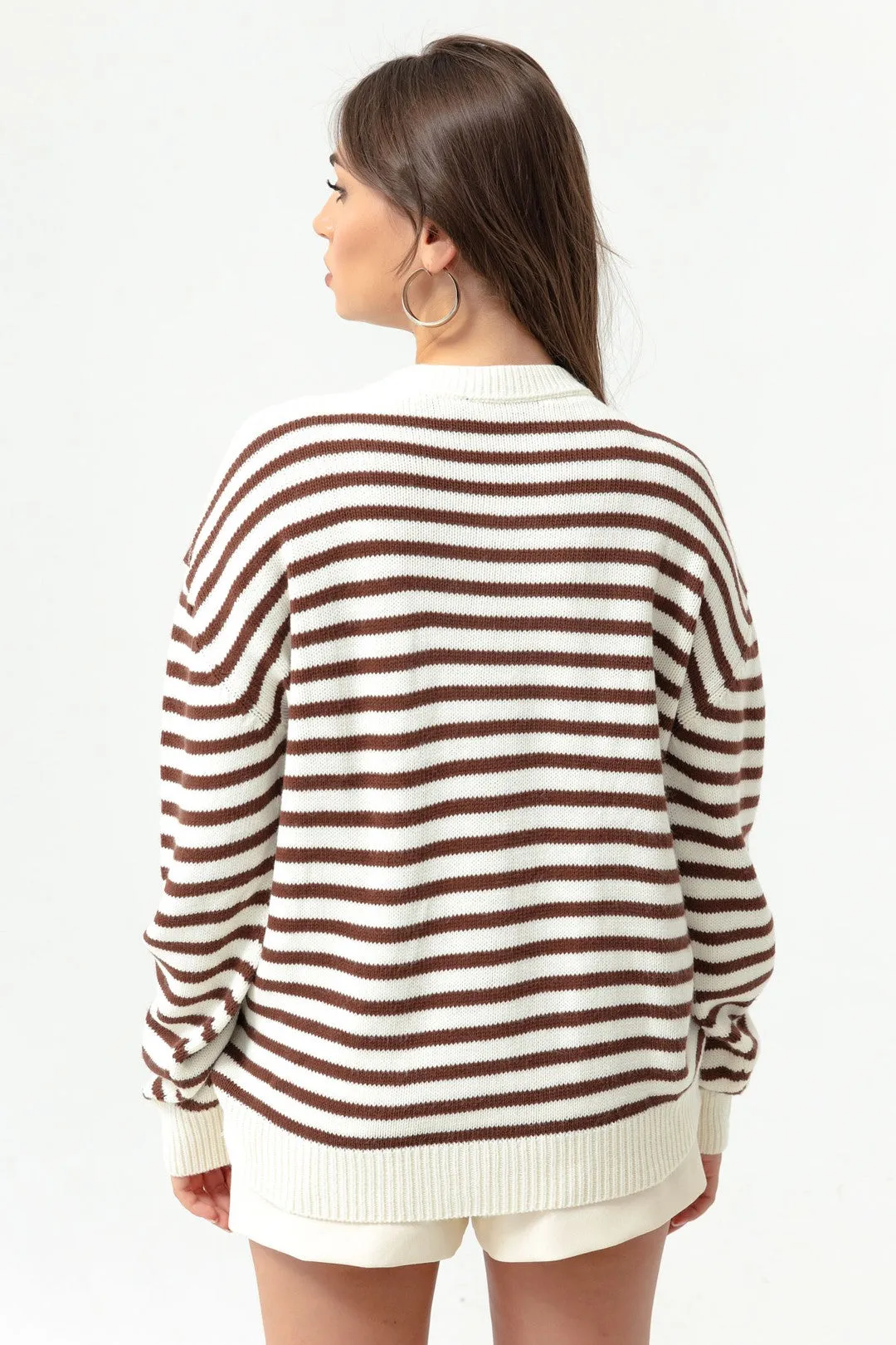 Female Gold Button Striped Knitwear Cardigan