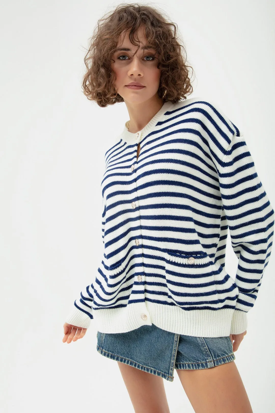 Female Gold Button Striped Knitwear Cardigan