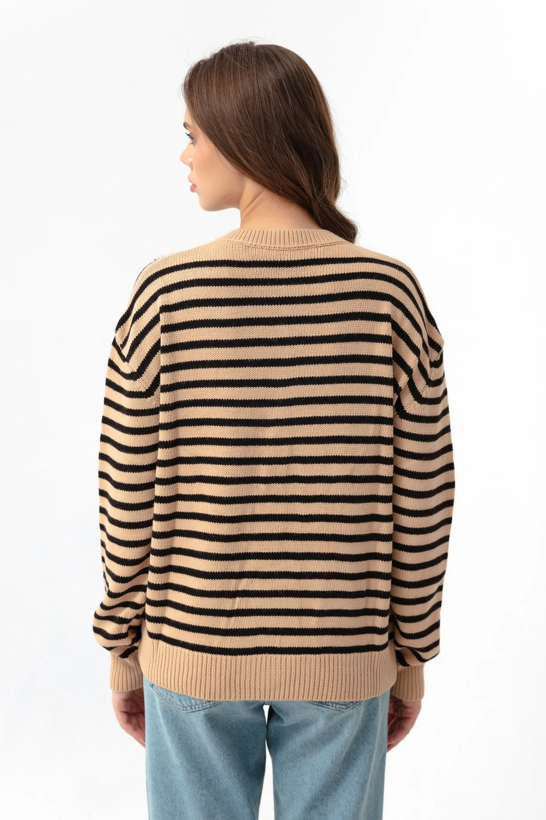 Female Gold Button Striped Knitwear Cardigan