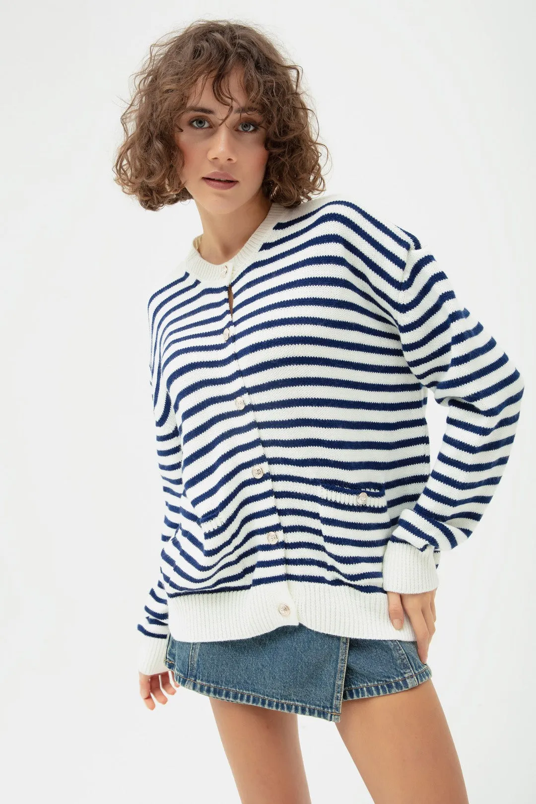 Female Gold Button Striped Knitwear Cardigan