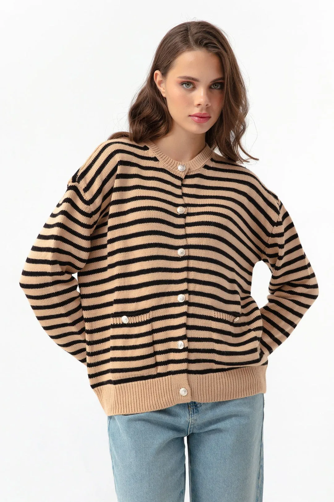 Female Gold Button Striped Knitwear Cardigan