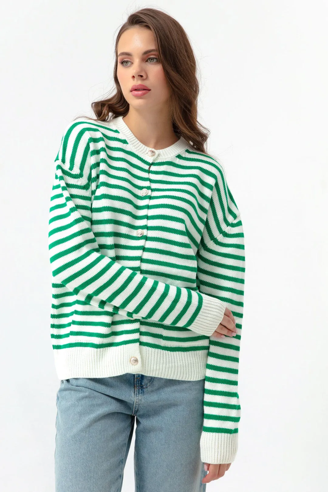 Female Gold Button Striped Knitwear Cardigan