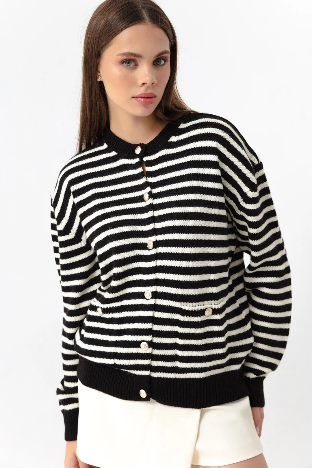 Female Gold Button Striped Knitwear Cardigan