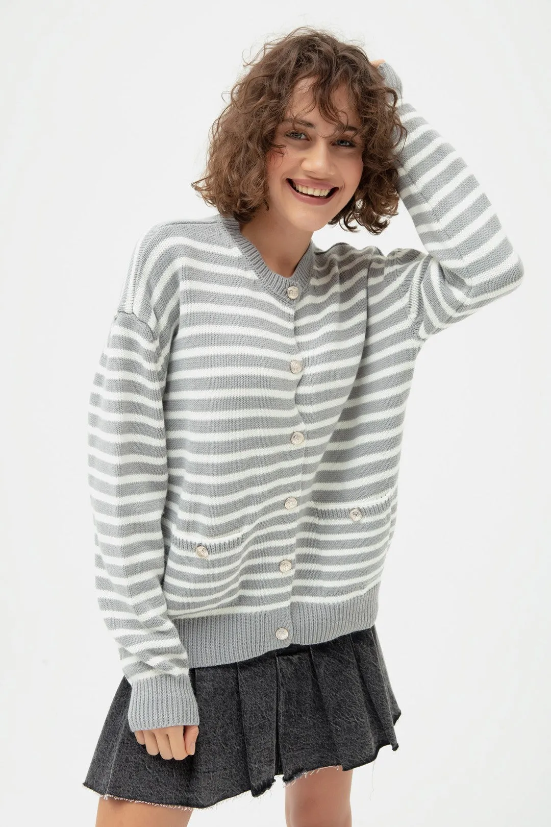 Female Gold Button Striped Knitwear Cardigan