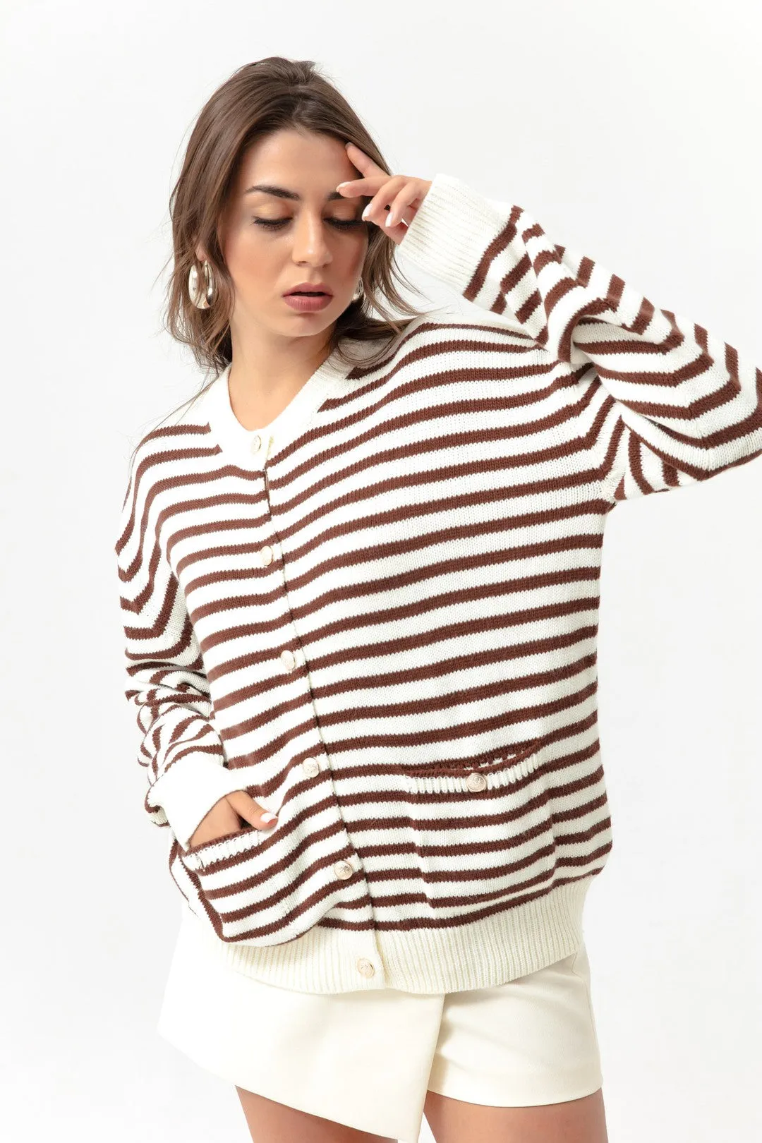 Female Gold Button Striped Knitwear Cardigan