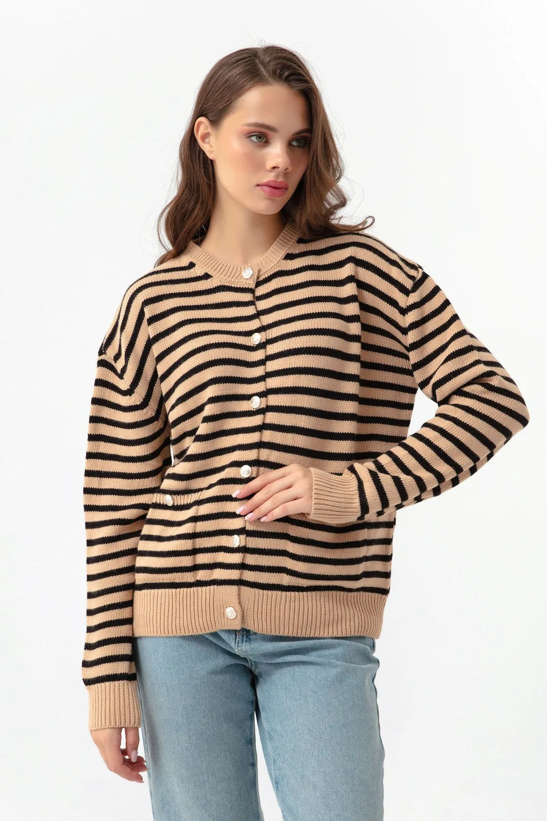 Female Gold Button Striped Knitwear Cardigan