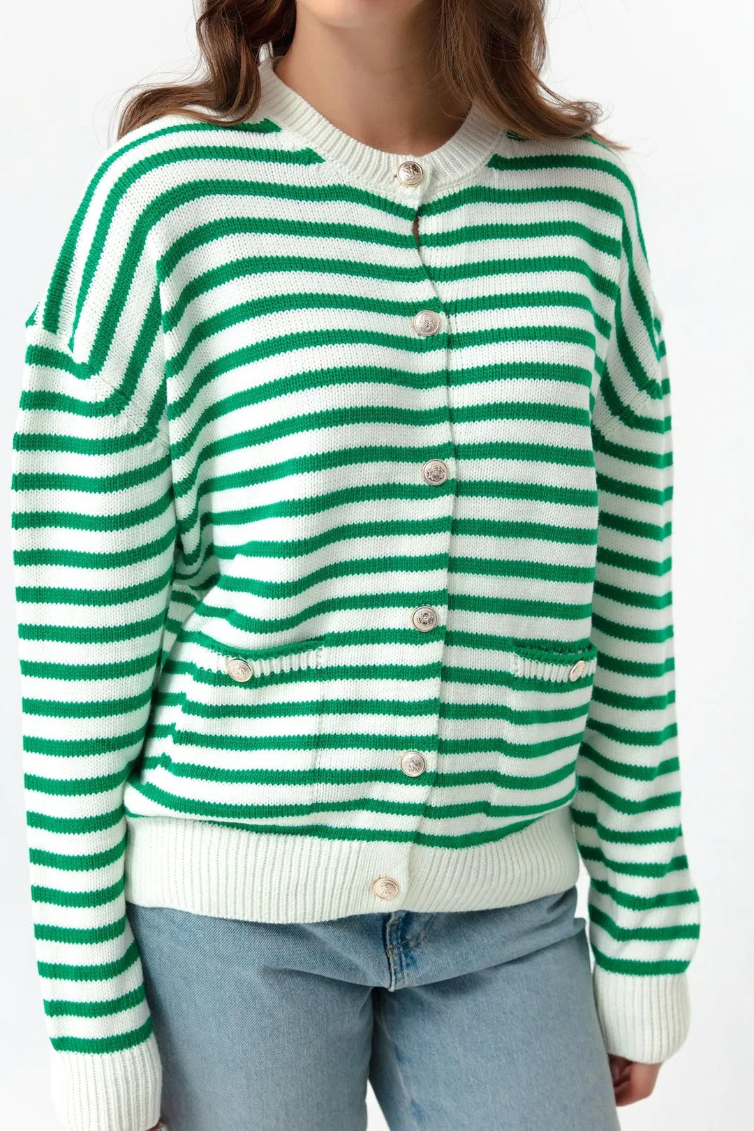 Female Gold Button Striped Knitwear Cardigan