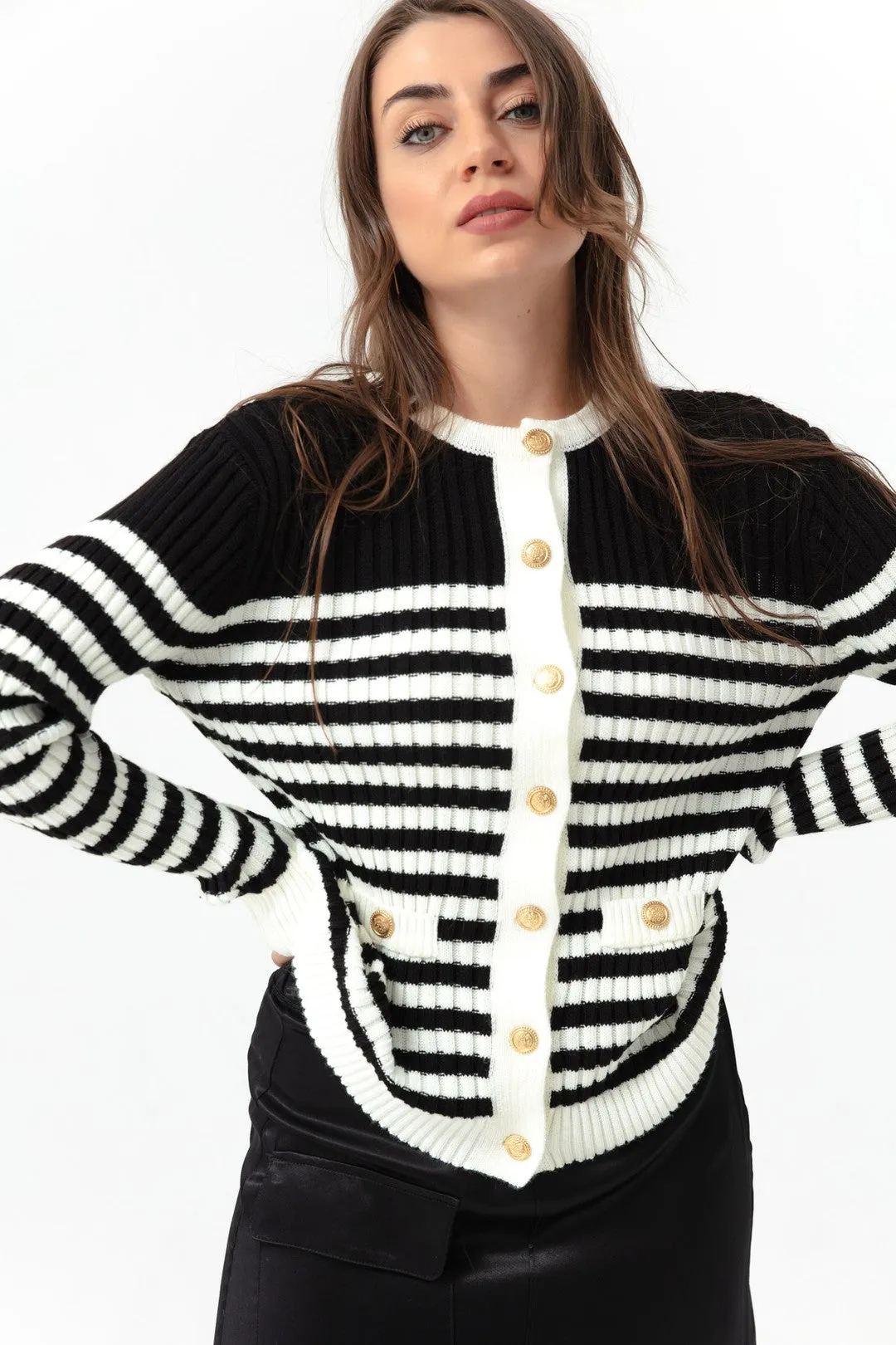 Female Gold Button Striped Knitwear Cardigan