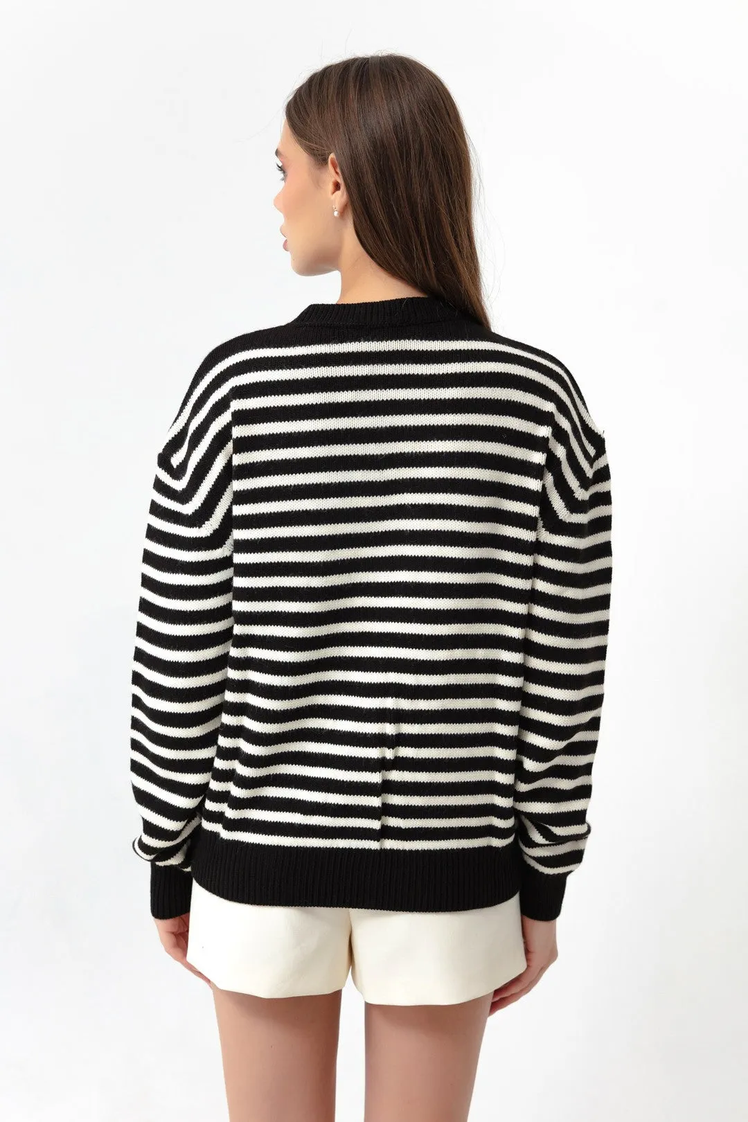 Female Gold Button Striped Knitwear Cardigan