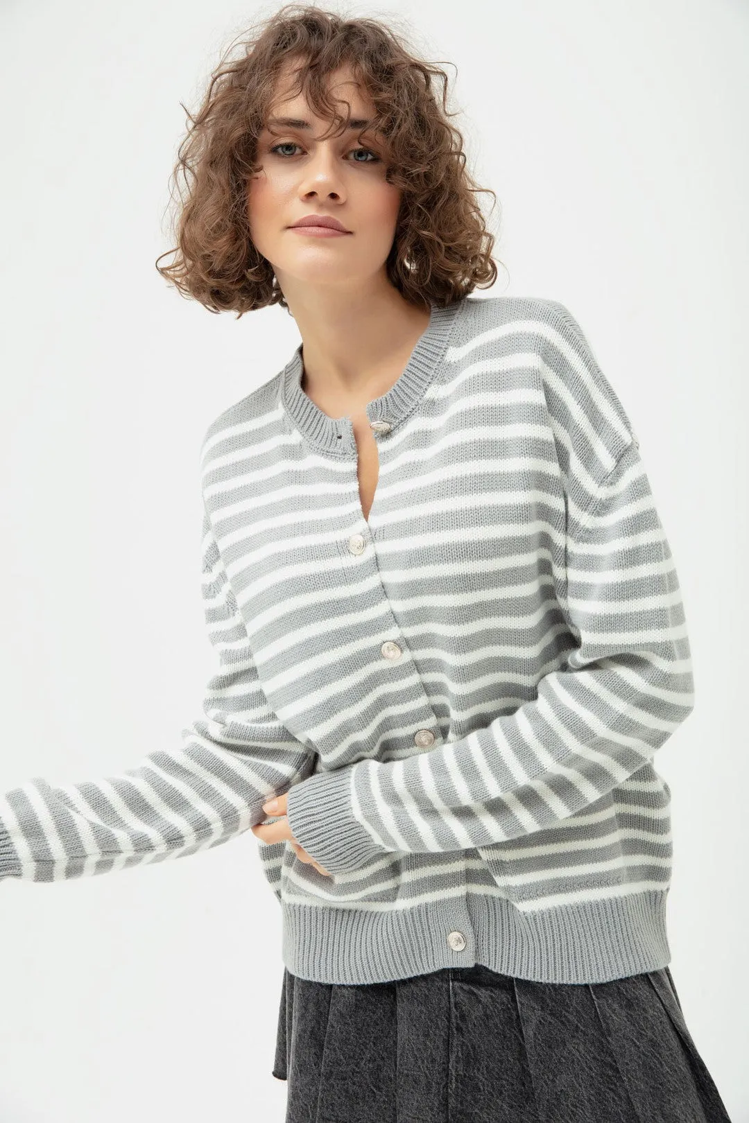 Female Gold Button Striped Knitwear Cardigan