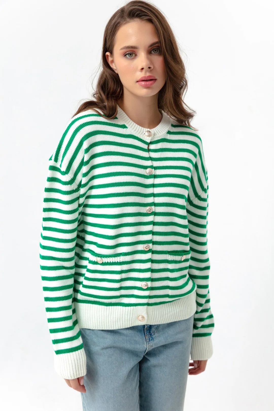 Female Gold Button Striped Knitwear Cardigan