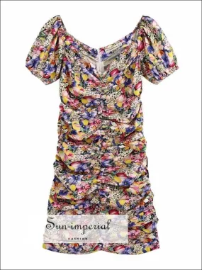 Floral Print Draped Mini Dress Short Sleeve back Zipper V Neck Dress