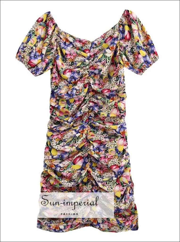 Floral Print Draped Mini Dress Short Sleeve back Zipper V Neck Dress