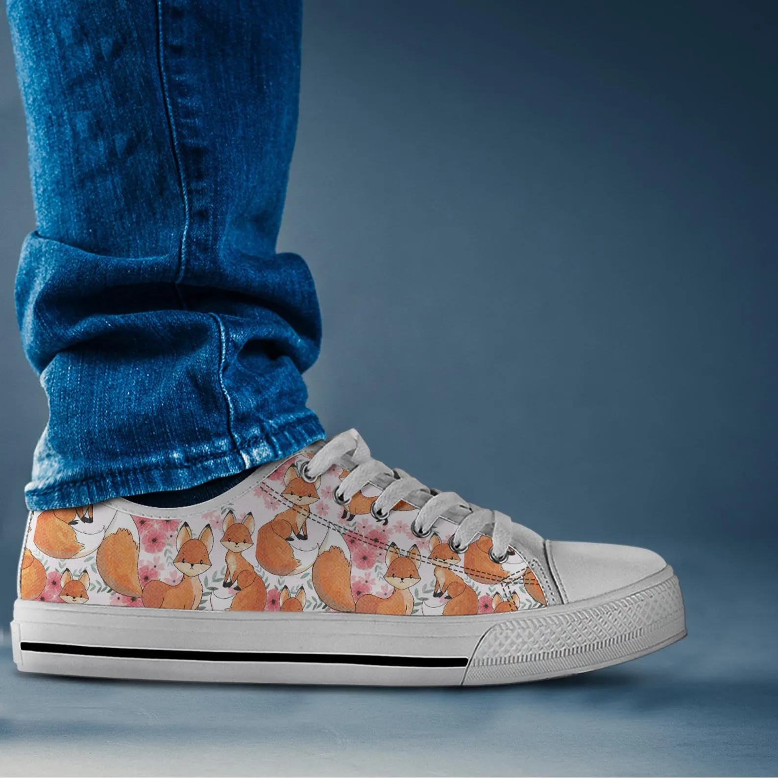 Fox Girl Shoes Fox Sneakers Fox Print Pattern Cute Shoes Fox Lover Gifts Custom Low Top Converse Style Sneakers For Adults Women & Men