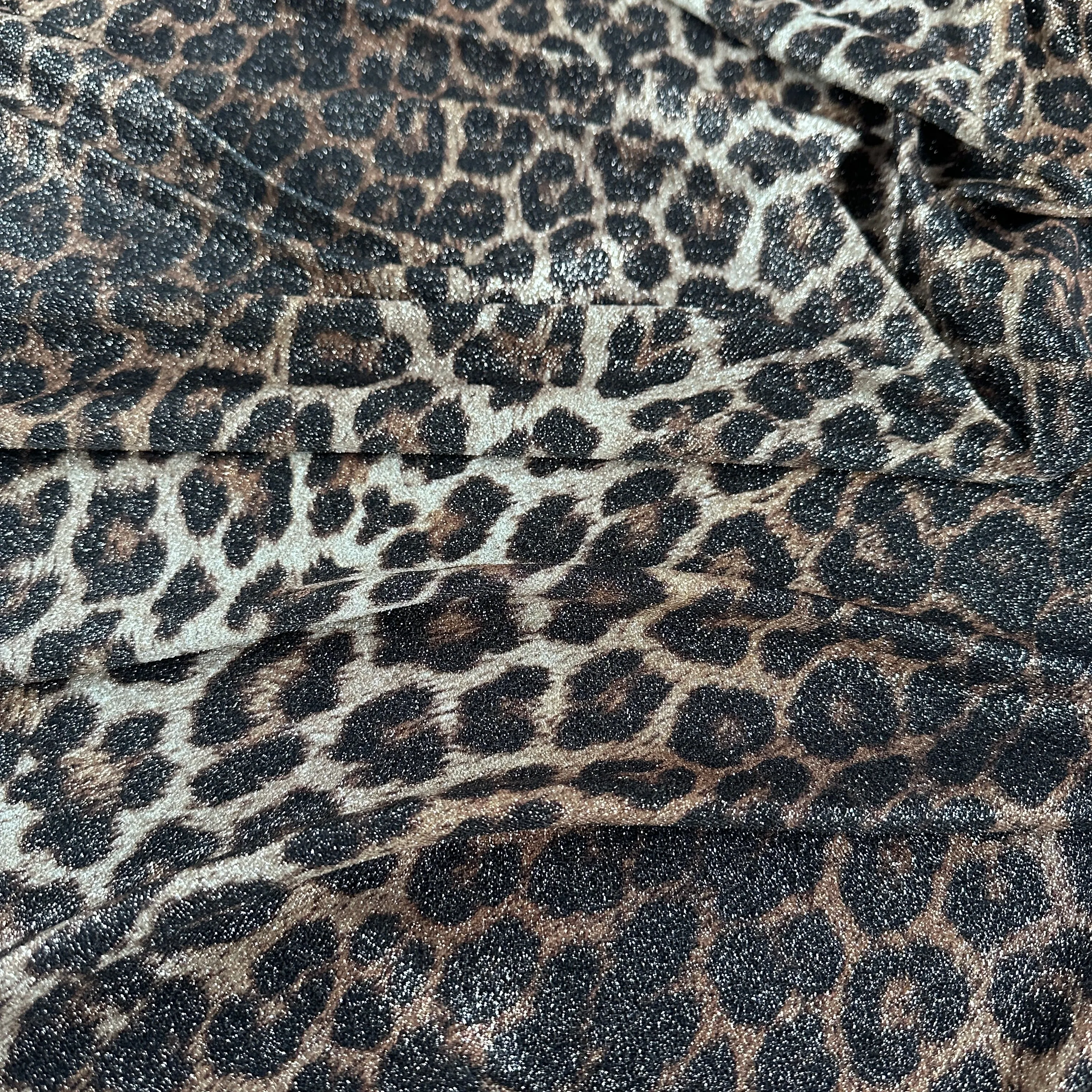 FS005_1 Leopard Animal Print Shiny Lurex Stretch Knit Fabric Gold Brown