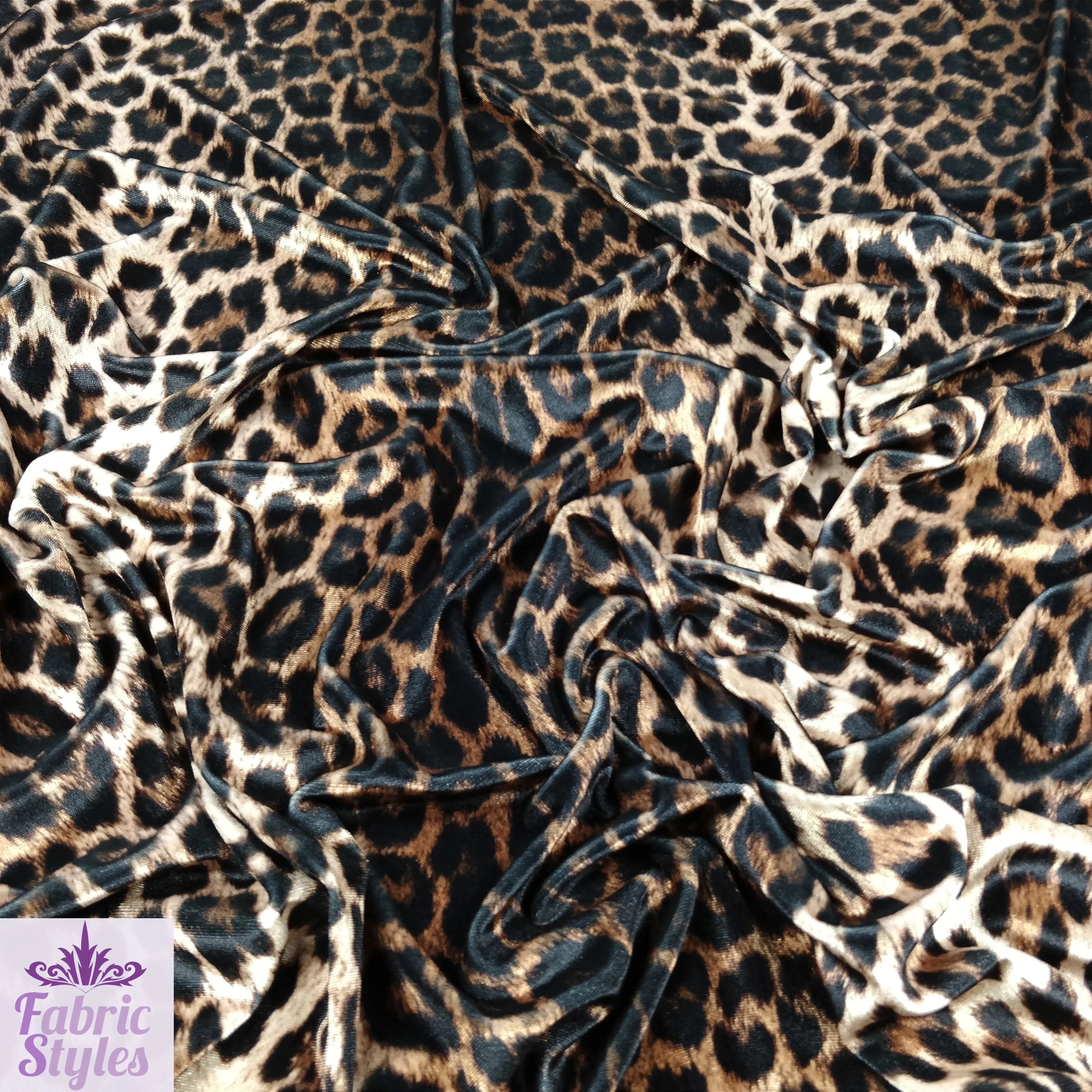 FS005_1 Leopard Animal Print Velvet Stretch Knit Fabric Gold Brown