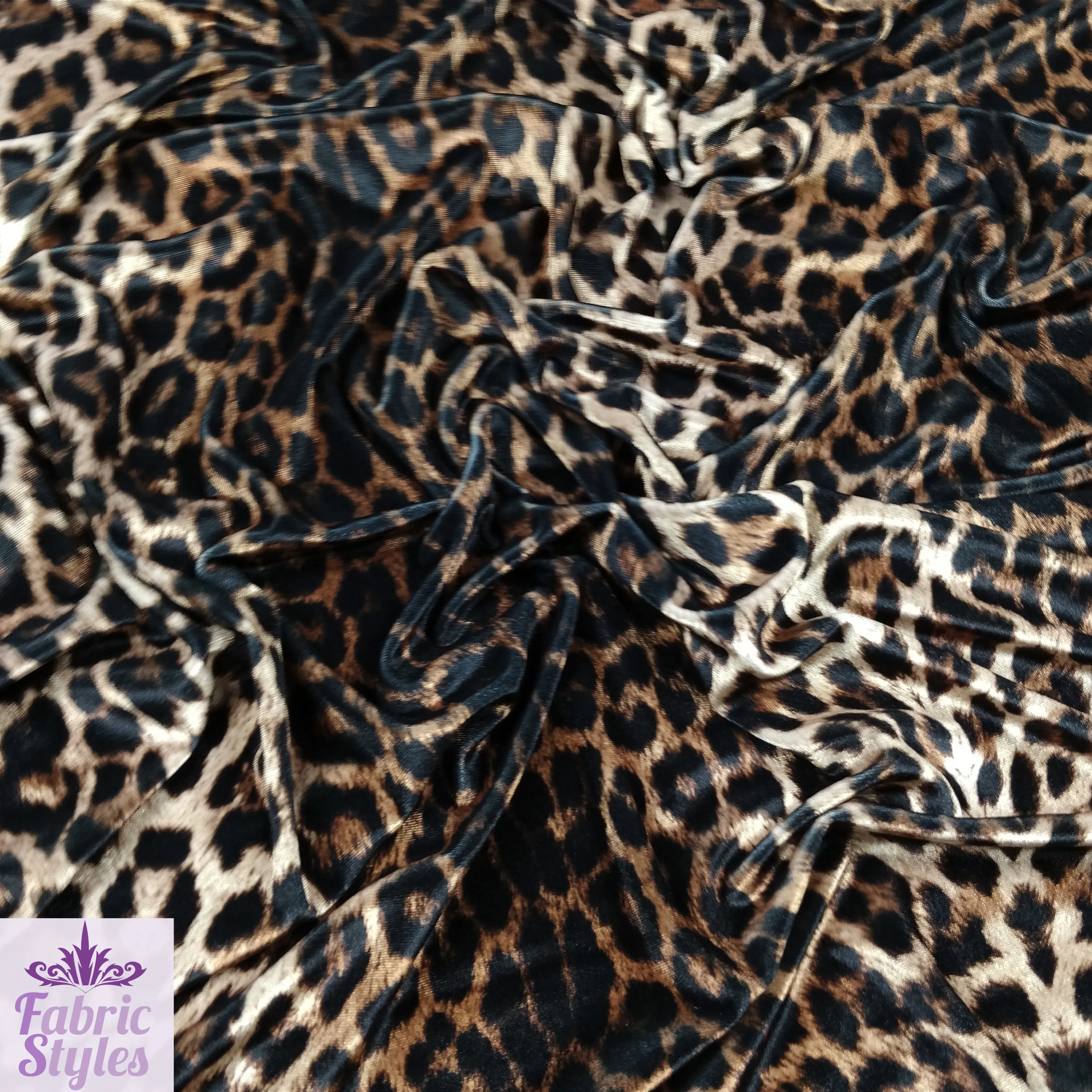 FS005_1 Leopard Animal Print Velvet Stretch Knit Fabric Gold Brown