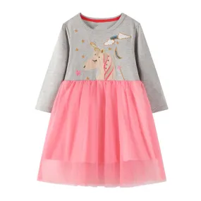 Full Sleeve Unicorn Stars Pattern Girls Dress, Pink