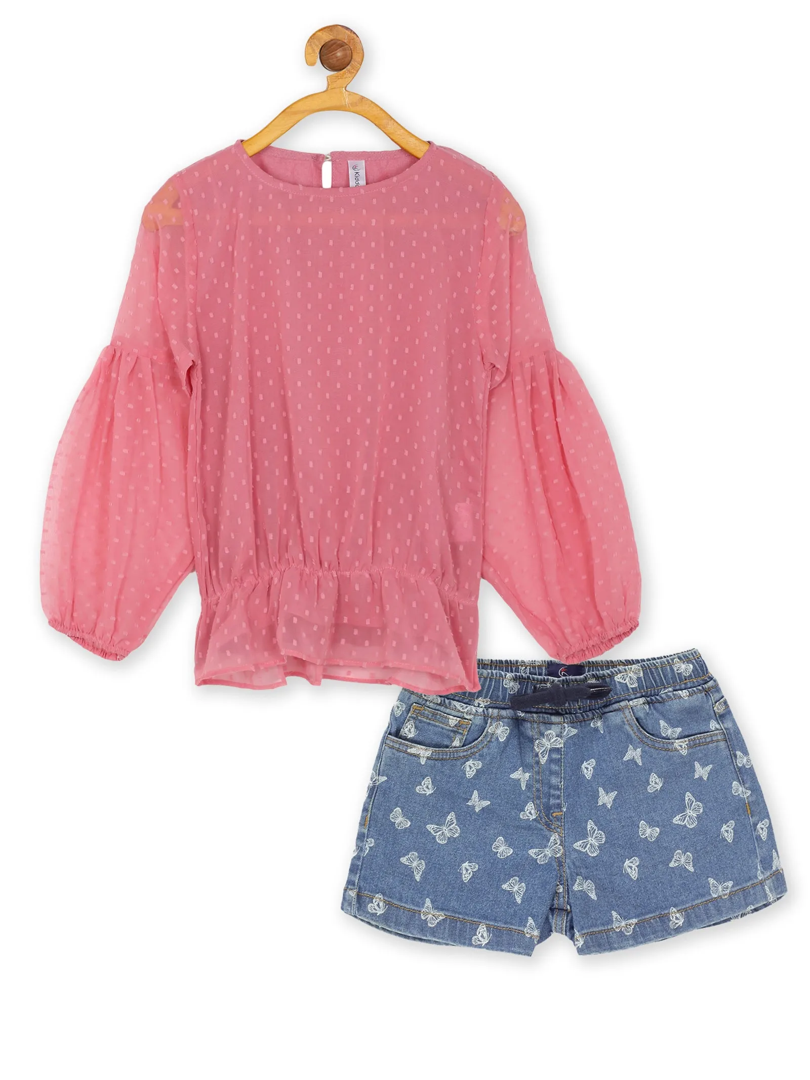 Girls Balloon Sleeve Elasticated Hem Top & Printed Denim Hot Shorts Set