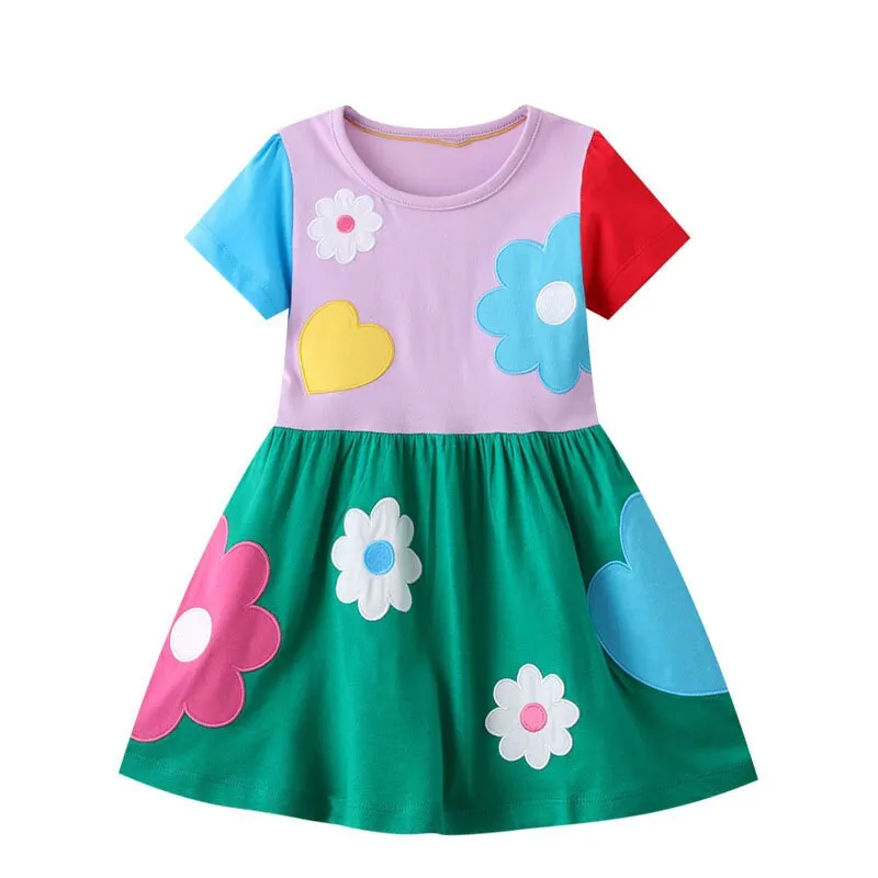 Girls Colorful Flowers Short Sleeve Little Cute Floral Summer Dress